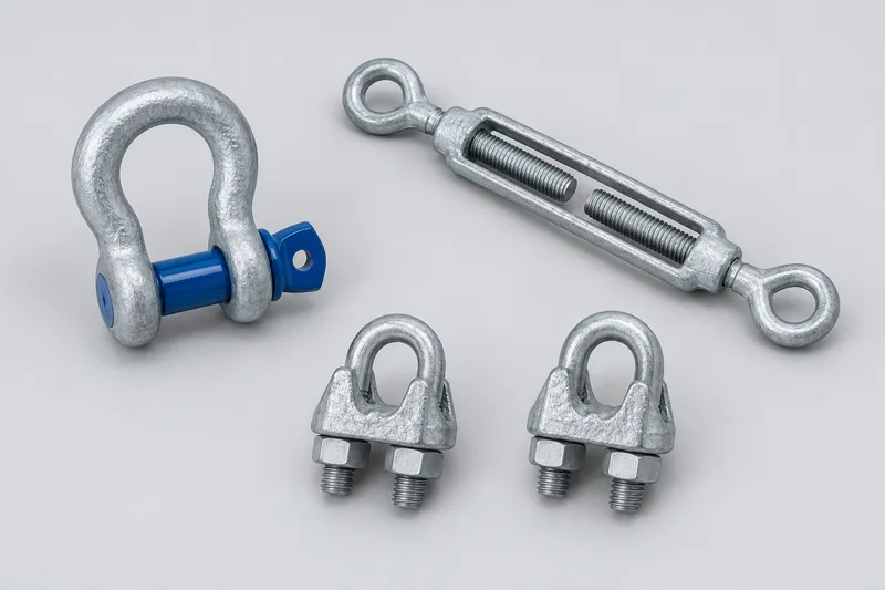 Shackle, turnbuckle and wire rope clips
